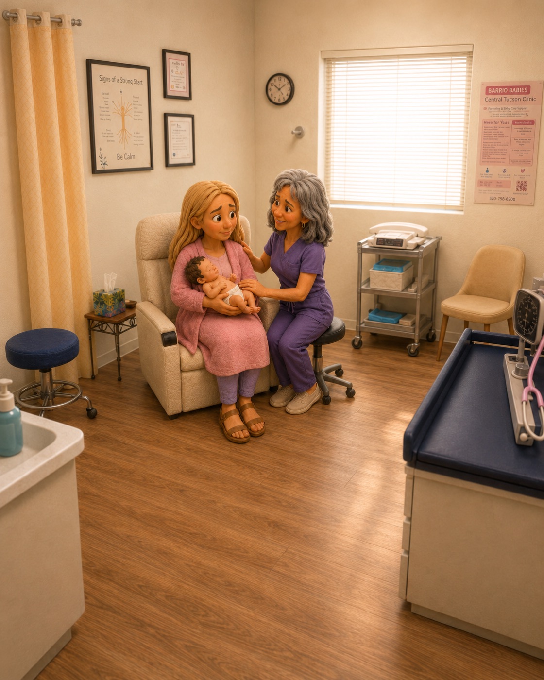 A worried mother holding her newborn being reassured by a Barrio Babies nurse practitioner in the Tucson clinic