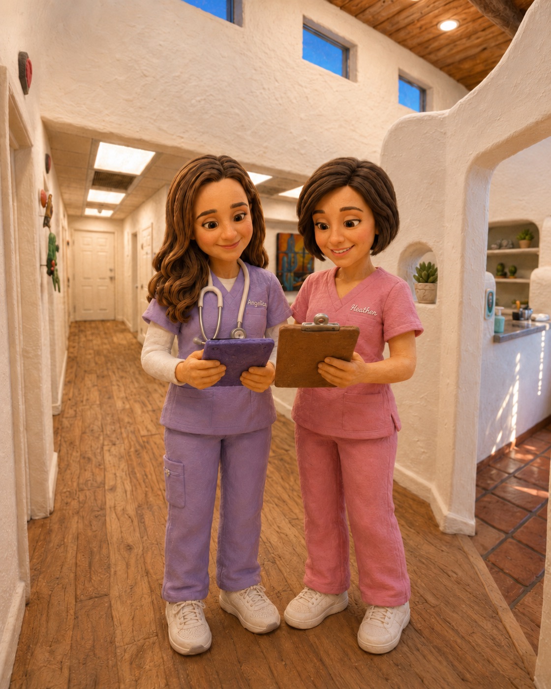 Dos enfermeras especialistas de Barrio Babies revisando juntas el expediente de un recién nacido en la clínica de Tucson