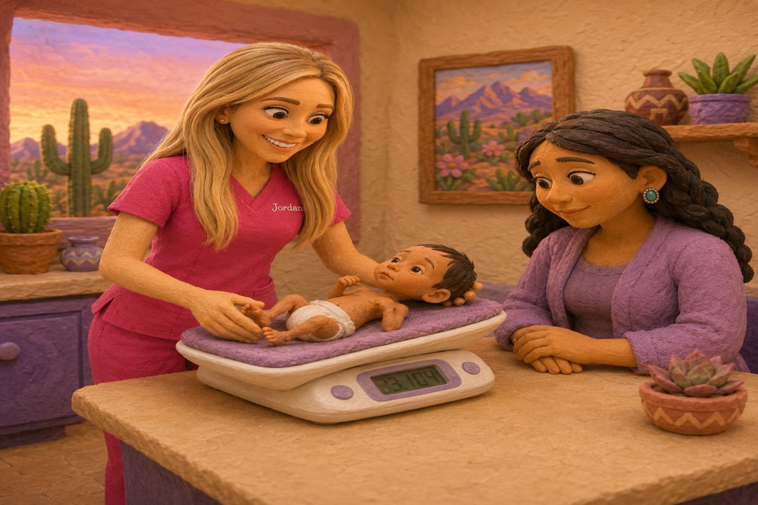 Una enfermera de práctica avanzada de Barrio Babies pesando a un recién nacido en una báscula para bebés mientras la mamá observa, en la clínica de Tucson