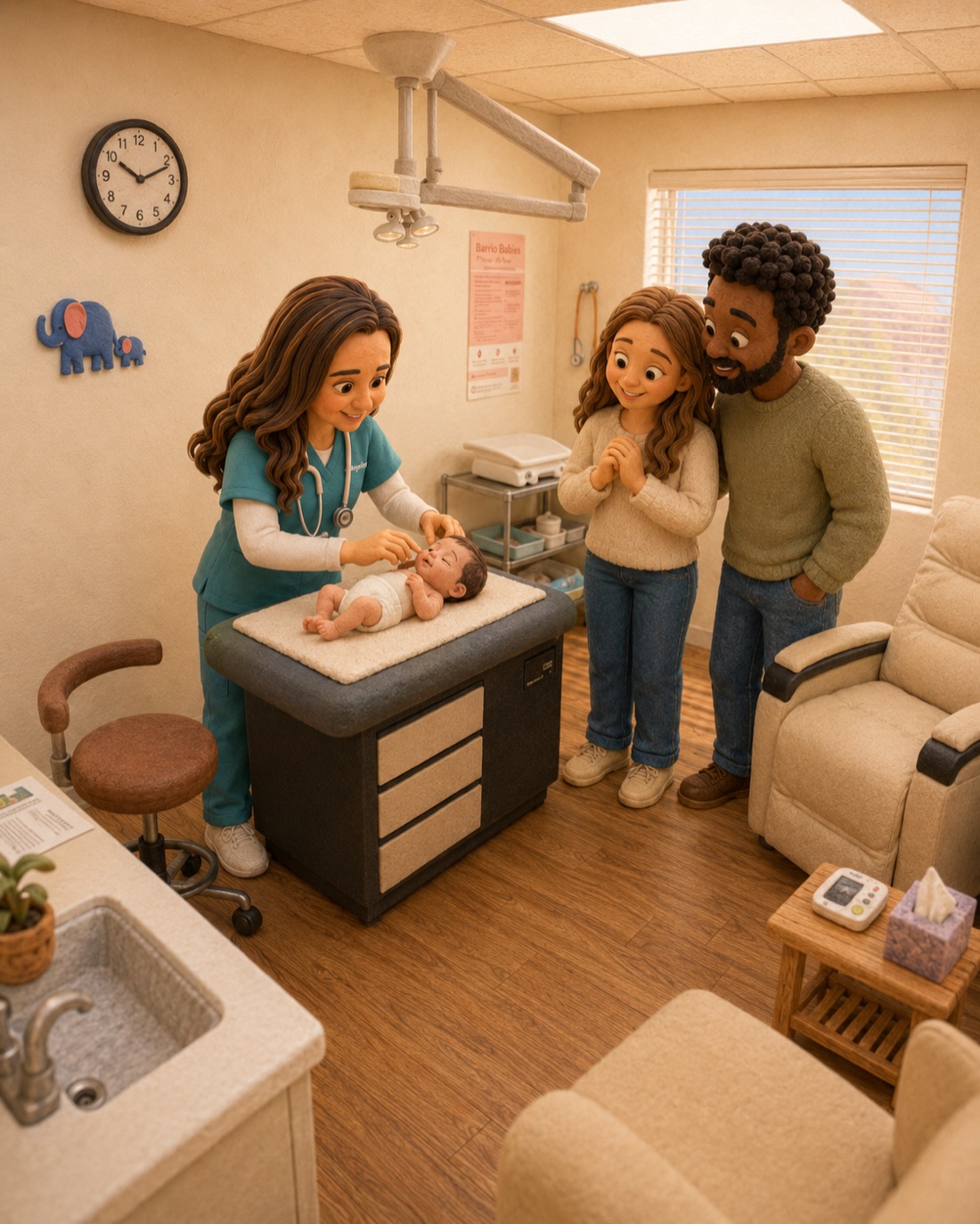 A Barrio Babies nurse practitioner measuring a newborn while both parents look on in the Tucson clinic
