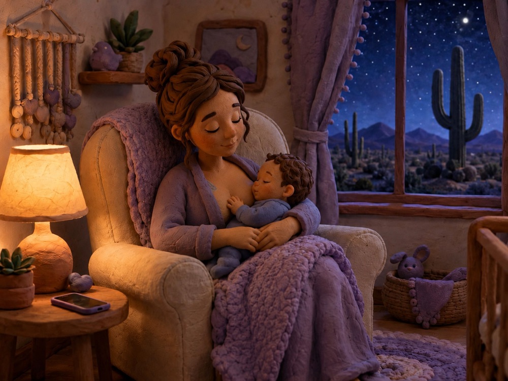 The same Tucson mother calmly and peacefully feeding her now settled baby by warm lamplight in the same nursery