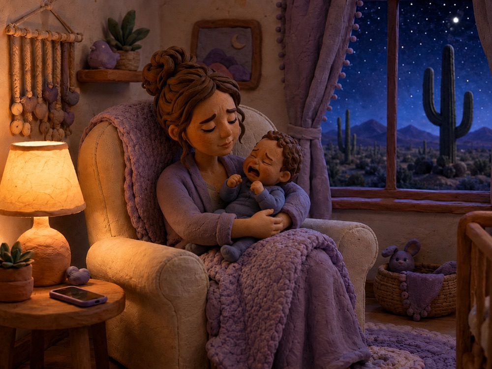 A distressed baby crying at night while a tired Tucson mother tries to settle them in a dimly lit nursery