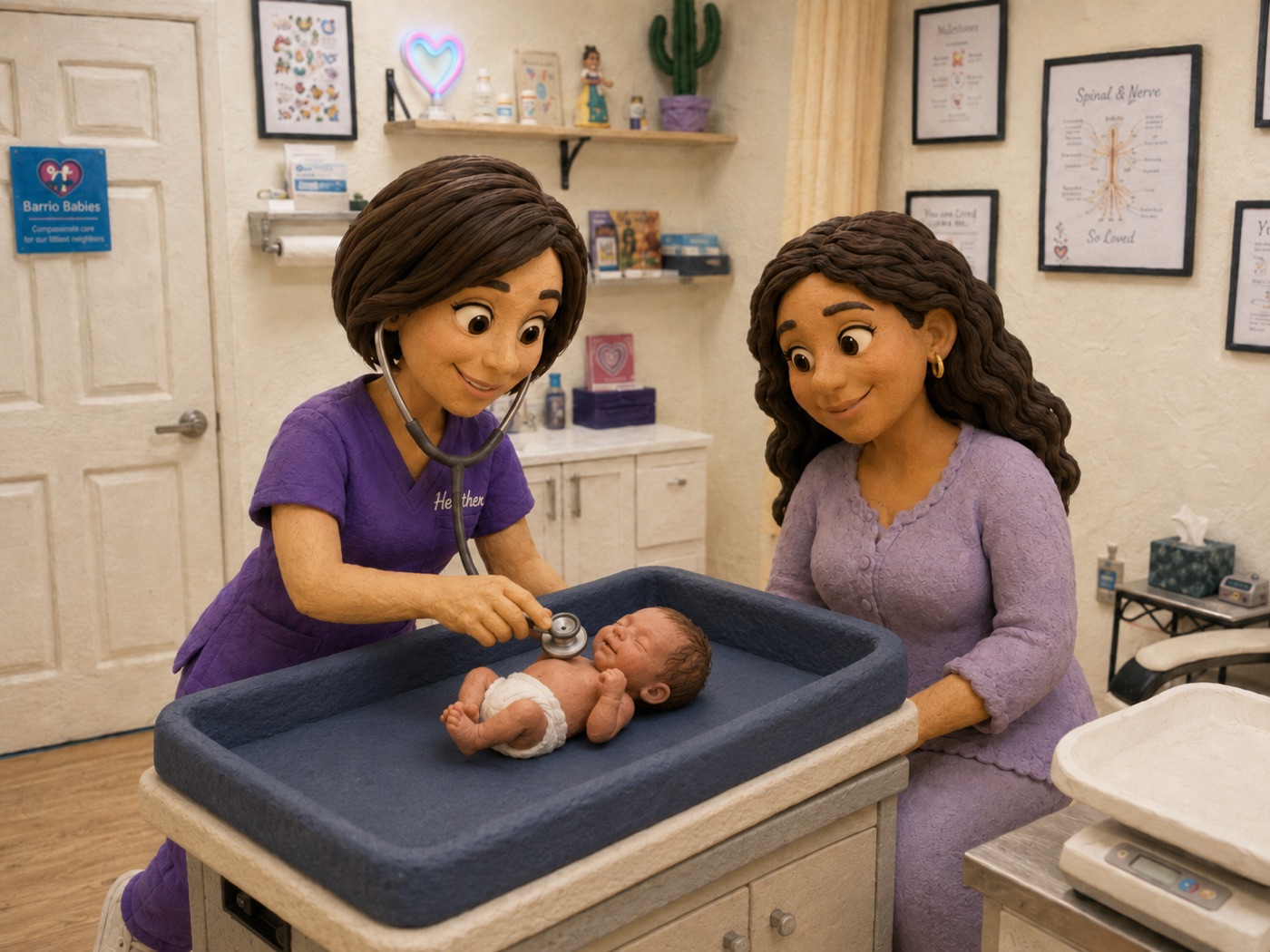 Una enfermera especialista de Barrio Babies revisando un plan de alimentación con una madre y su recién nacido en la clínica de Tucson