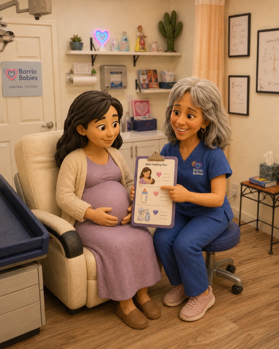 Una mamá embarazada revisando un plan de alimentación con una enfermera de práctica avanzada de Barrio Babies en la clínica de Tucson