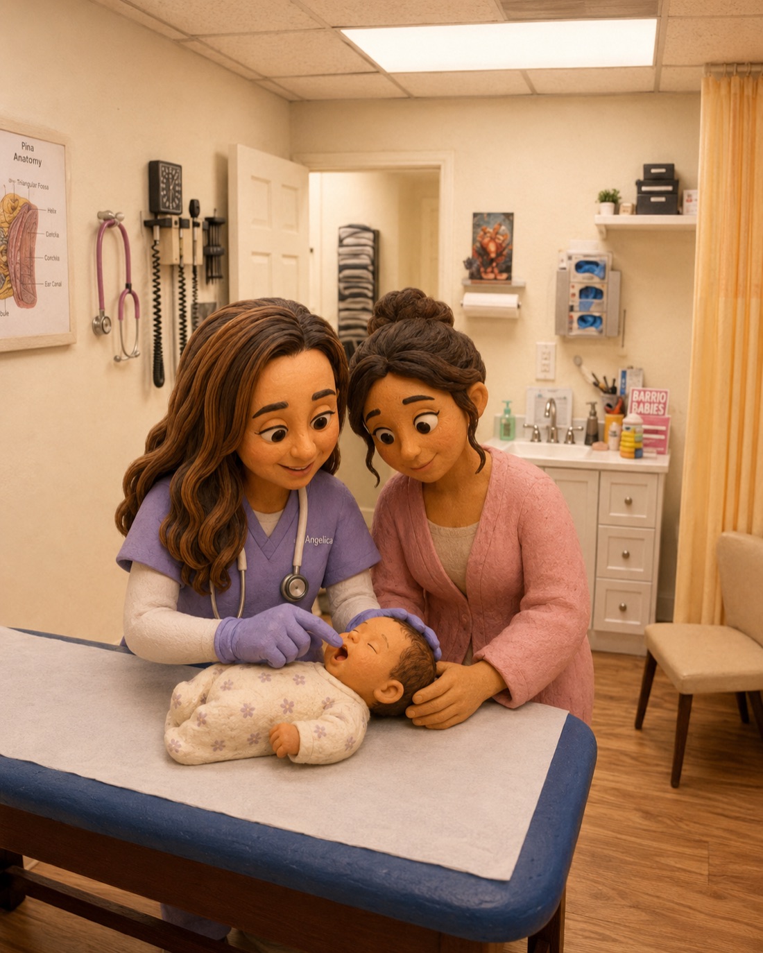 A Barrio Babies nurse practitioner gently examining a baby’s mouth during a feeding evaluation while the mother holds the baby in the Tucson clinic