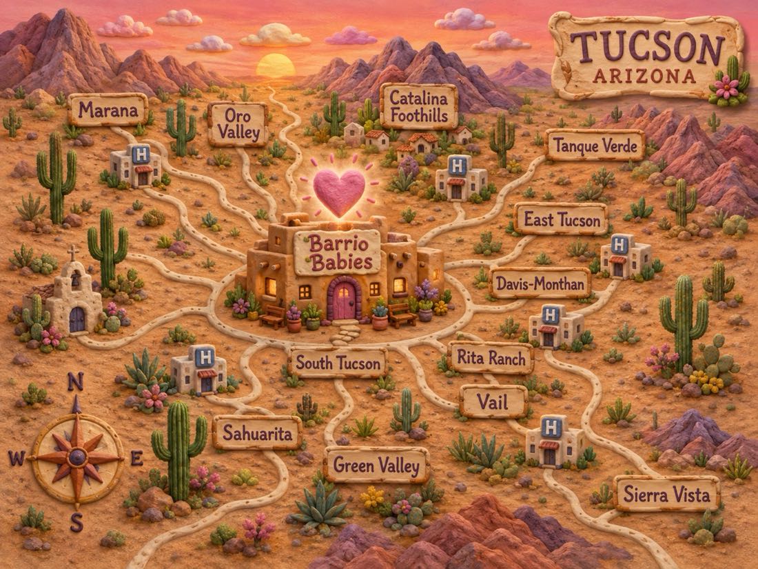 Illustrated map of the Barrio Babies home-visit service area across the Tucson region, showing our Central Tucson clinic and the neighborhoods we serve